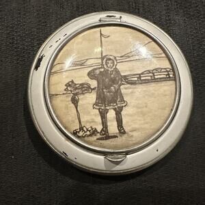 Vintage White Enamel Powder Compact Inuit Eskimo Ice Fishing Dog Sled Scene